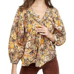We Tha Free Cool Meadow Floral Printed Long Sleeve Blouse Top Midnight Combo L